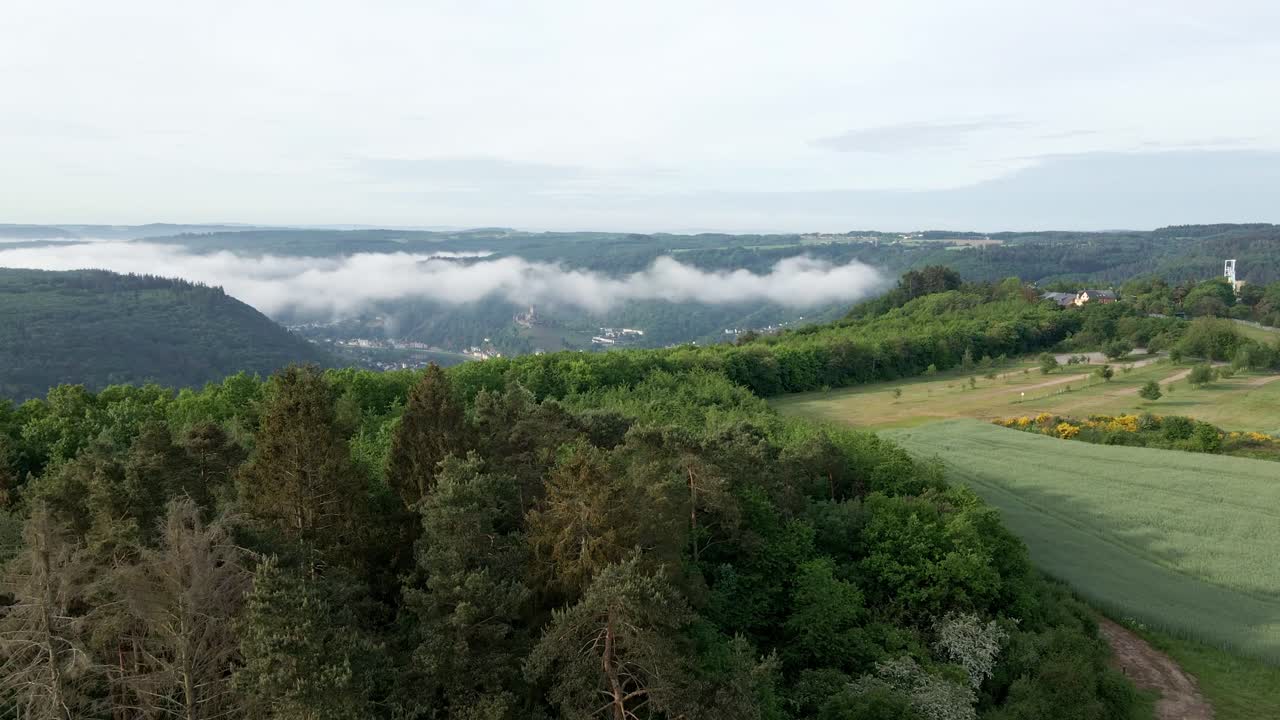 안개가 자욱한 일출 동안 울창한 낙엽수 숲 뒤에 드러난 인기 마을 코헴