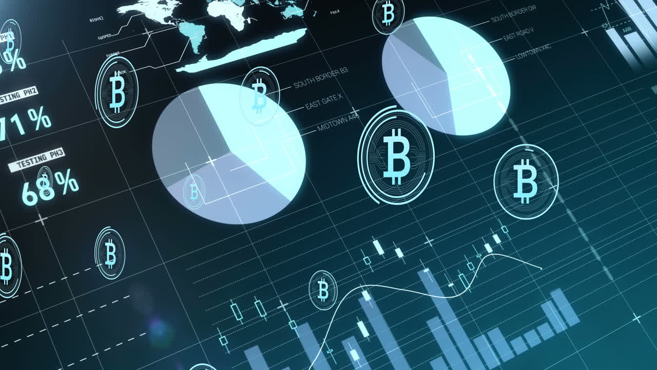 animación del procesamiento de datos sobre los símbolos de bitcoin