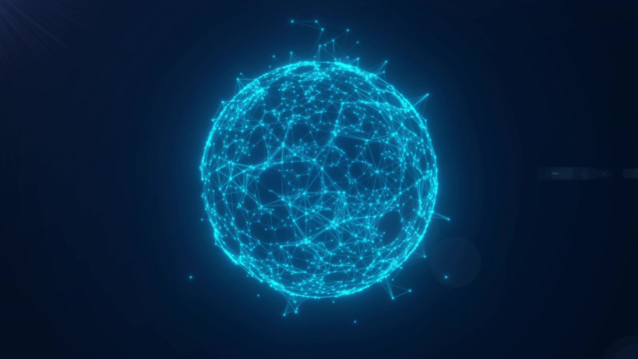 Glowing Digital Network Sphere Rotating on Dark Background
