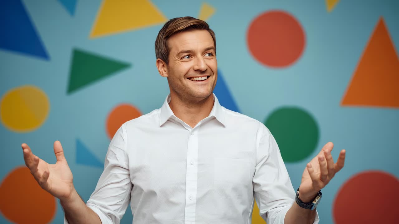 Smiling presenter lowering arms, joining hands and emphasizing points in studio, with wristwatch