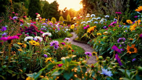 sunset in a colorful flower garden