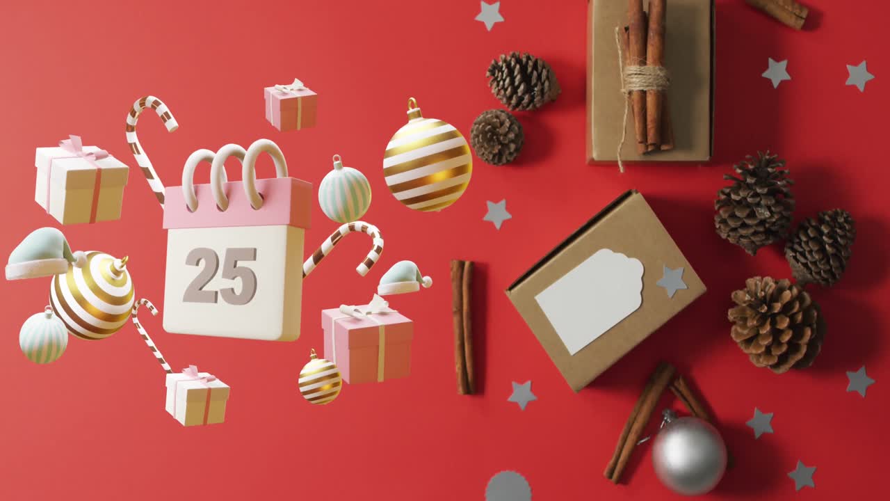 animación del calendario con fecha de 25 números y decoraciones navideñas