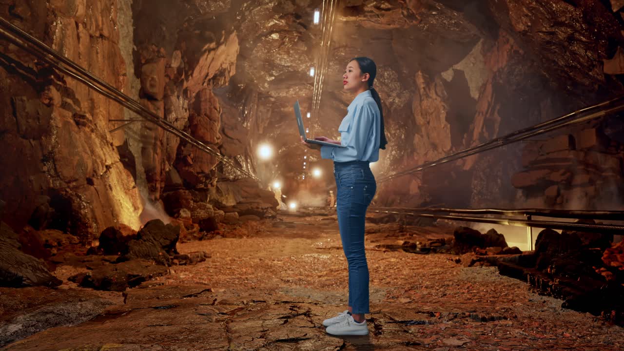 Full Body Side View Of Asian Female In Underground Mine Tunnel, Observes By Looking Up Before She Come To Concentrating On The Laptop And Keep On Typing