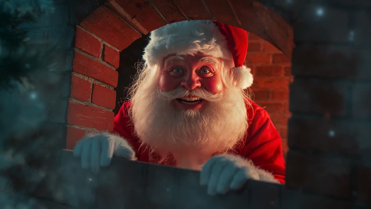 Spotting drifting particles Santa gripping brick arch, lifting through fireplace, sharing cheer