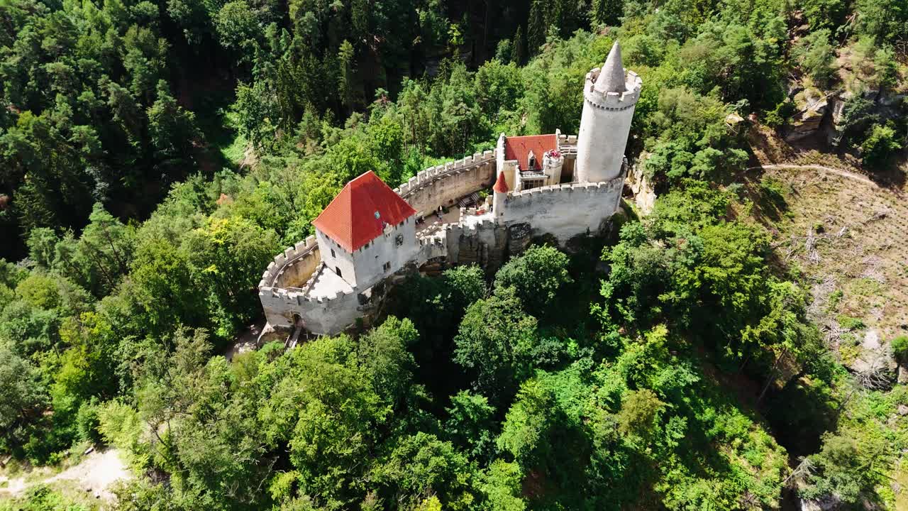 Scenic summer aerial landscape with Kokorin castle and forest, Czechia