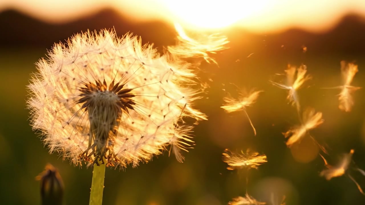 Een prachtige close-up van een paardenbloem die de warme tinten van een zonsondergang weerspiegelt, en de delicate schoonheid van de natuur in verandering vastlegt.