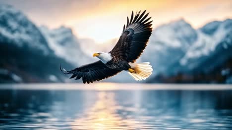 bald eagle soaring over a mountain lake at sunset