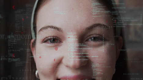 animation of data processing over caucasian woman smiling