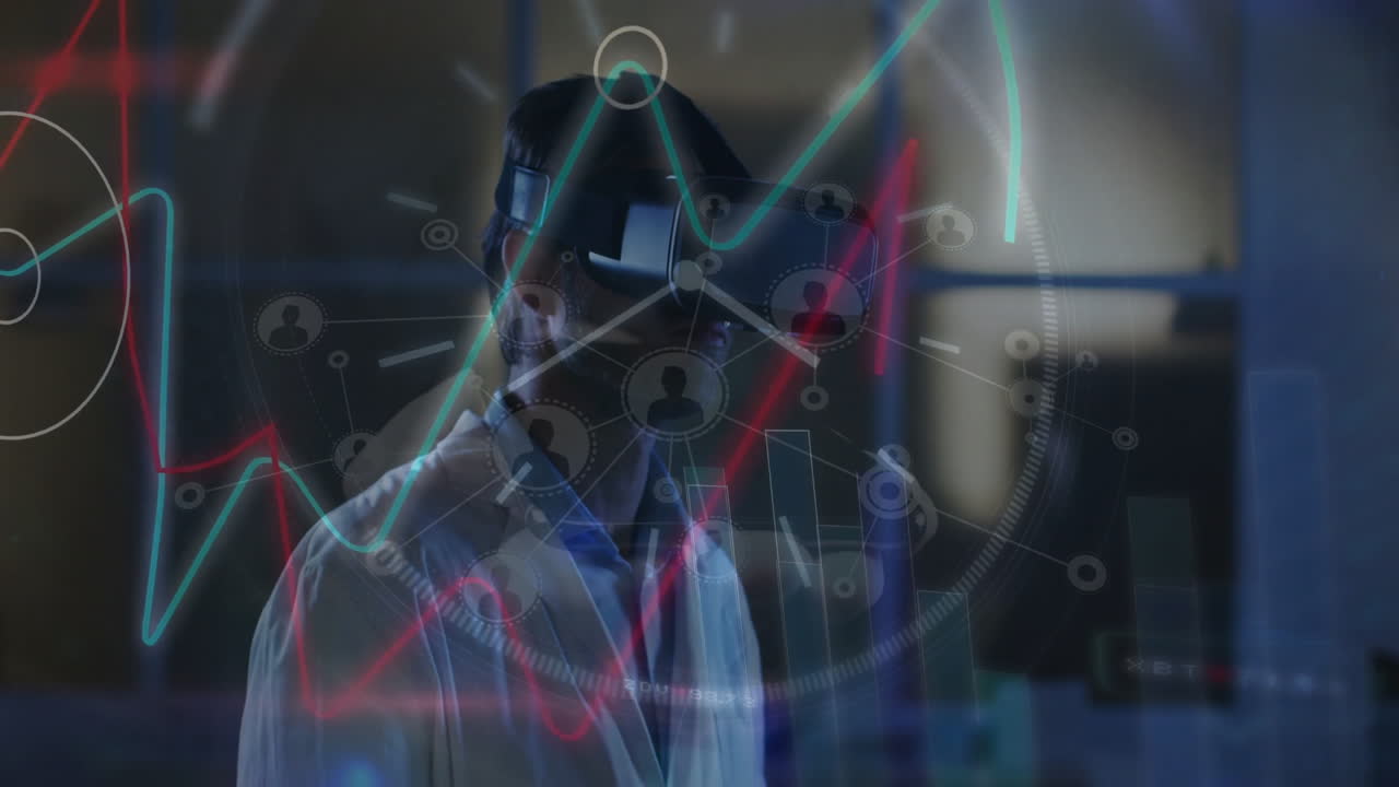 Wearing VR headset, person experiencing digital network animation in school setting