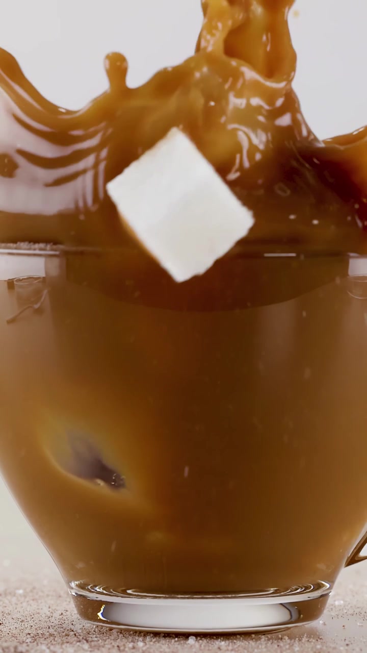 Un cubetto di zucchero cade in una tazza di caffè di vetro, creando uno schizzo dinamico al rallentatore