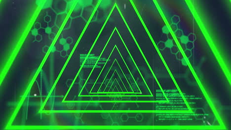 Animation of green neon geometrical shapes science data processing