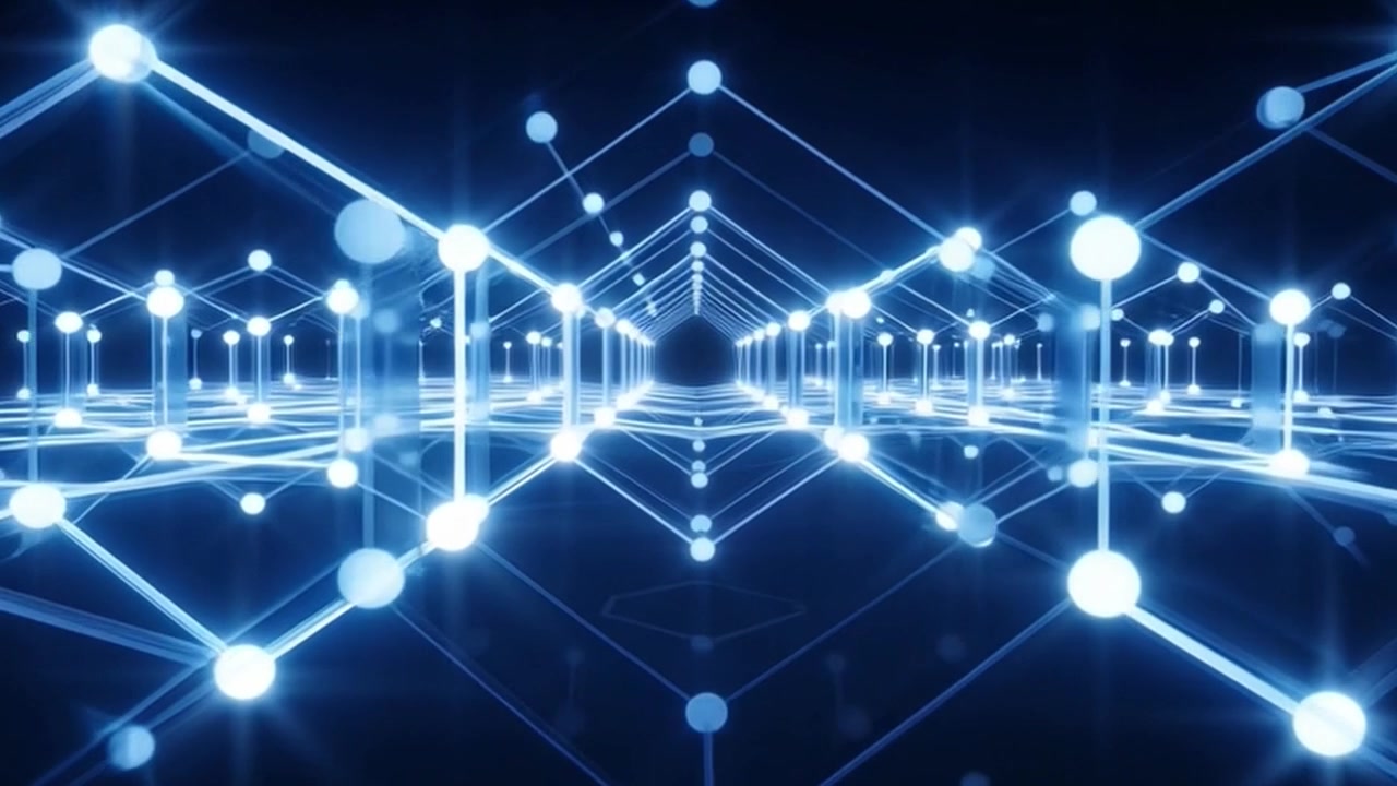 Abstract Glowing Blue Digital Network Grid Moving Forward