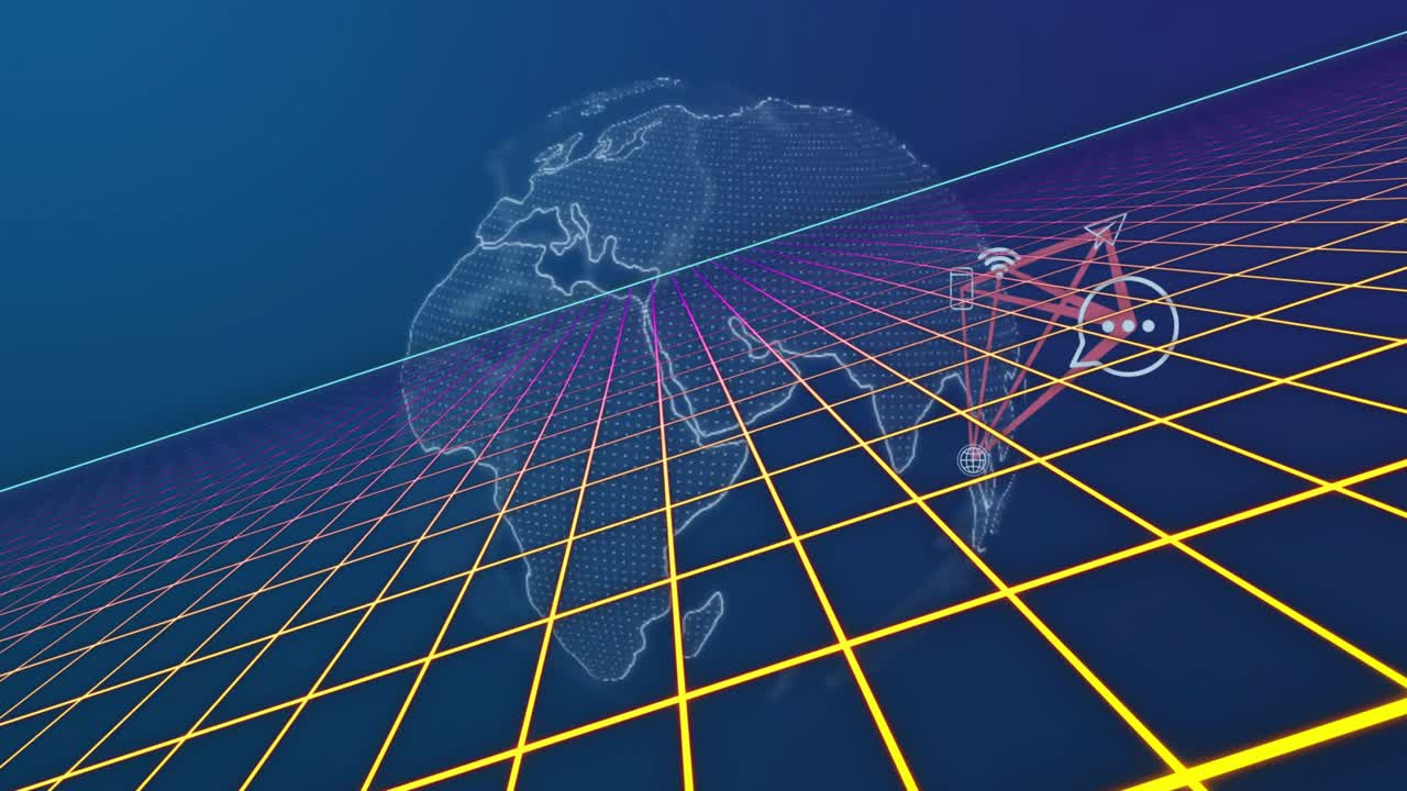 Dotted globe emerging, rotating, icons pulsing and linking via green-to-pink lines visualizing data