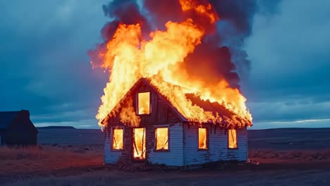 a house on fire in the middle of a field