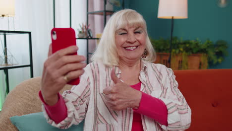 happy senior grandmother holding smartphone watching mobile video calling online making selfie home