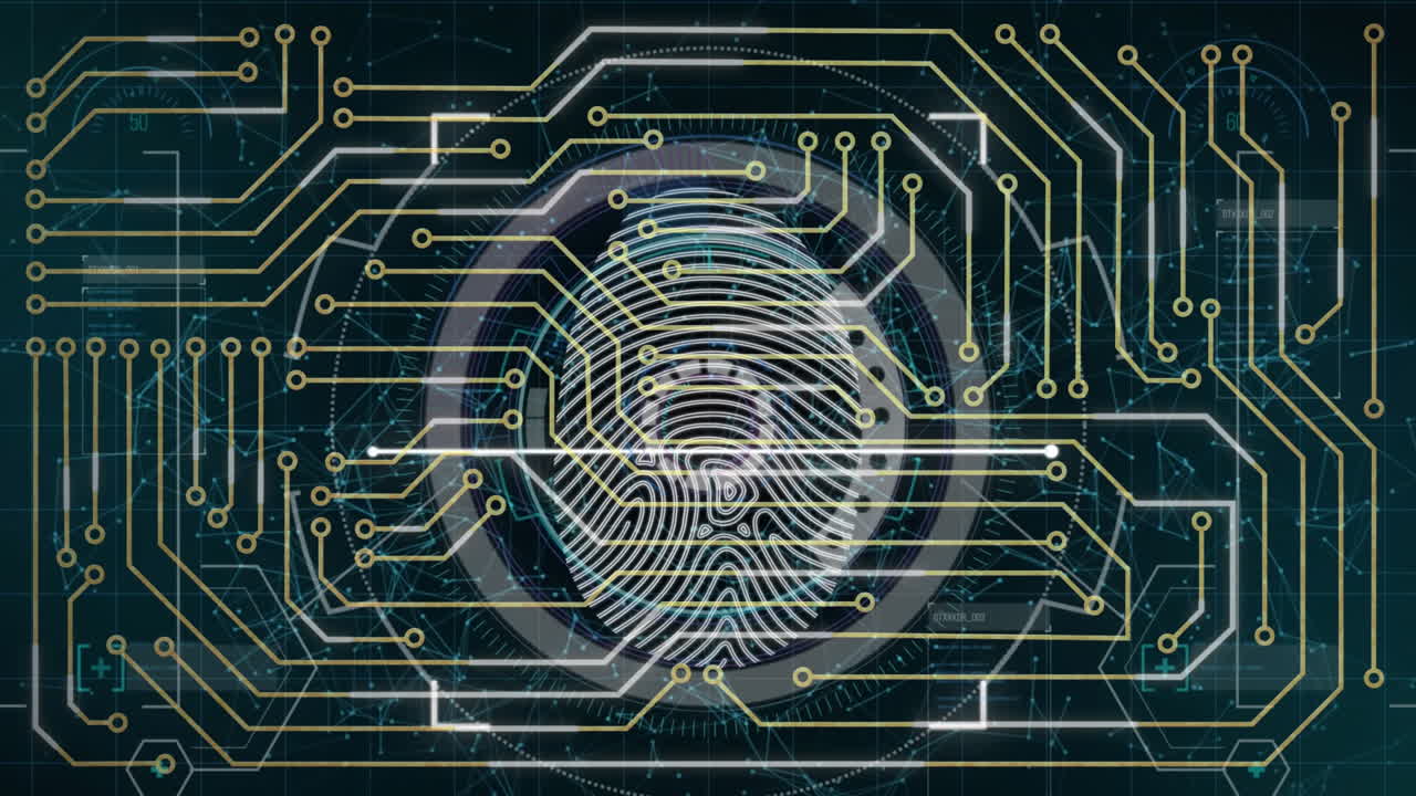 animación de circuitos integrados y escaneo de huellas dactilares sobre fondo negro