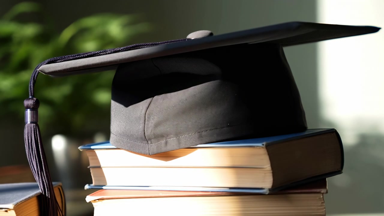 Tocco di laurea appoggiato su libri, in un ambiente interno, forse uno studio o una biblioteca, con tocco di laurea, libri, con texture di carta e tessuto, da una prospettiva dall'alto, con accenti neri e marroni.