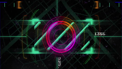 Animation of lines and circles over arrows and cube in circles against navigation pattern