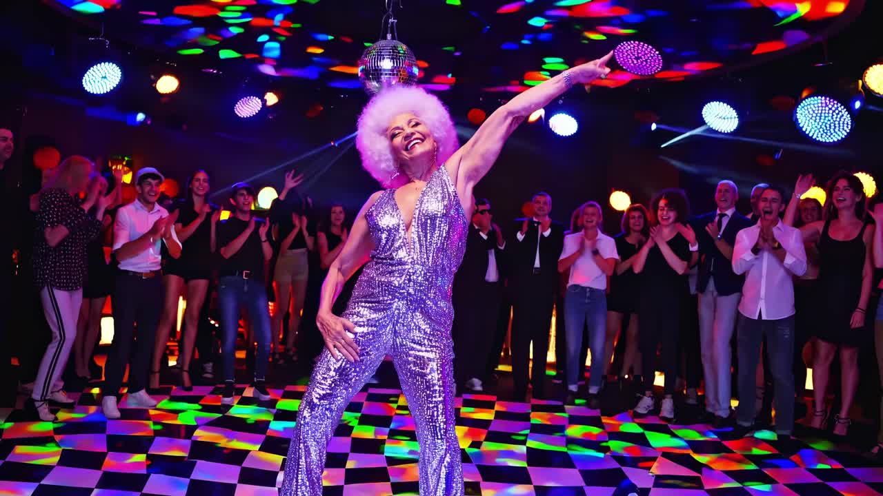 Energetic senior woman with sparkling jumpsuit and white afro hair dancing on checkered dancefloor while audience is clapping hands in colorful nightclub