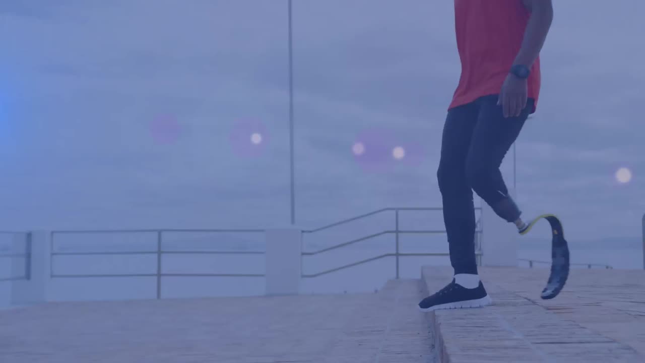 야외에서 운동하는 러닝 블레이드와 함께 남성 운동 선수를 이동하는 커뮤니케이션 네트워크의 애니메이션