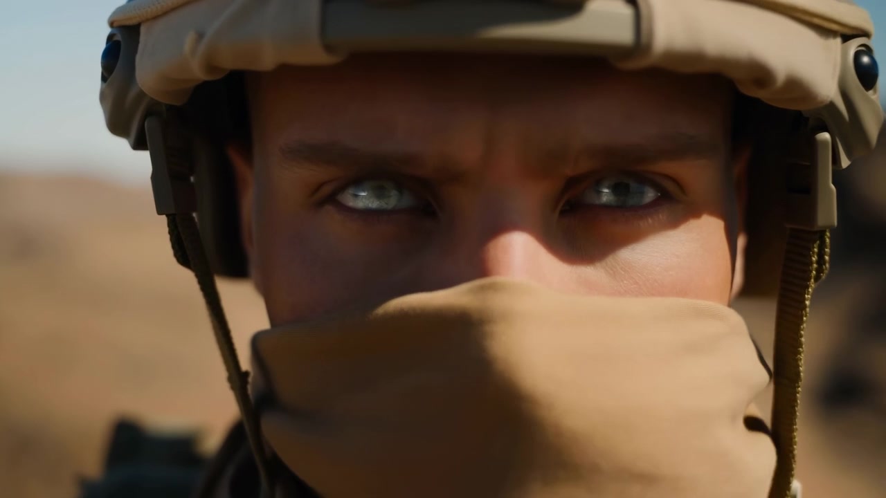 Cinematisch close-upbeeld van een soldaat, gekaderd van voorhoofd tot bovenborst, met een zandkleurige tactische helm met rails en een geweven gezichtssjaal, tegen woestijnlicht terwijl de ogen scherper worden met geconcentreerde spanning