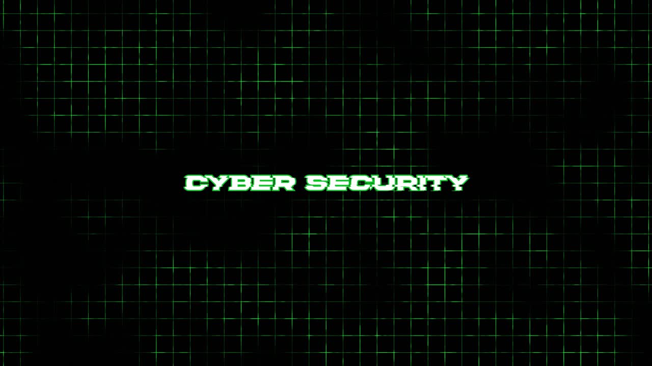 Cybersikkerhedstekst med glitch-effekt på gitterbaggrund.
