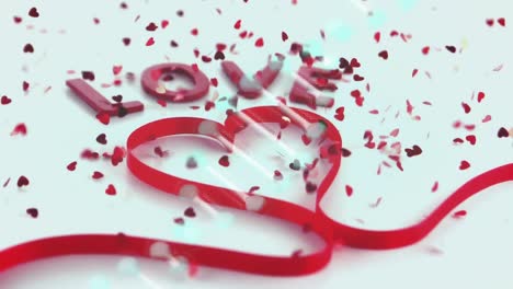 animation of word love and ribbon in red with heart confetti falling, over dna strand on white