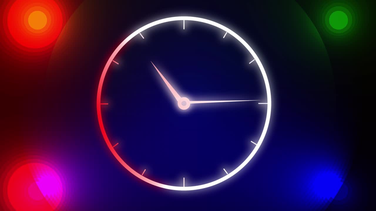 reloj de círculo de brillo de neón animado en un fondo colorido