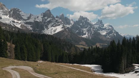 Pine-Forest-And-Dolomite-Mountains-On-Sunny-Day-In-Italy