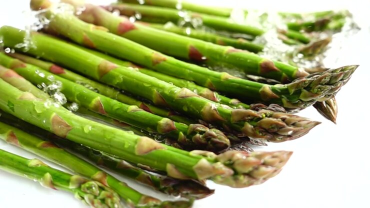 Fresh green asparagus. Water splashes. Slow motion.