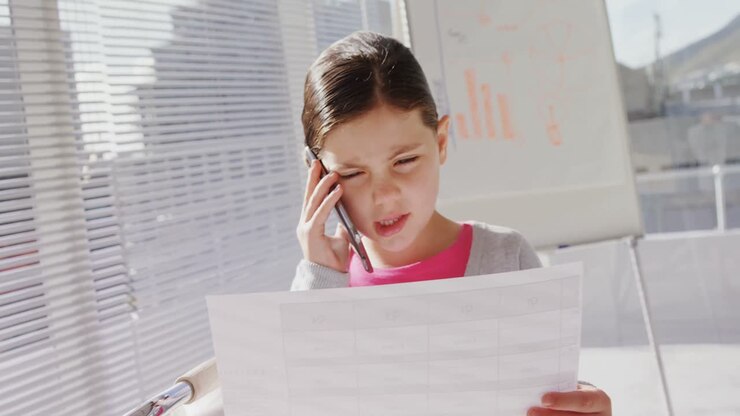 mädchen als geschäftsführerin, die über ein mobiltelefon 4k spricht