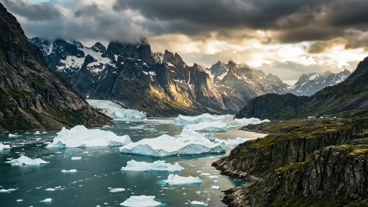 Drammatico fiordo artico con iceberg galleggianti e montagne imponenti