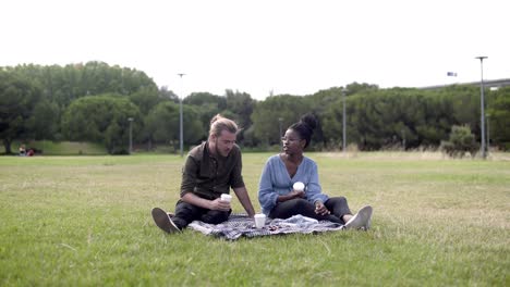 Smiling-multiracial-couple-resting-on-meadow