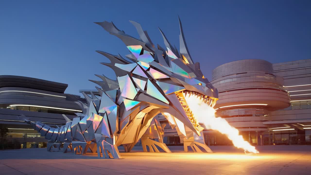 Drageskulptur, der spyr ild om natten