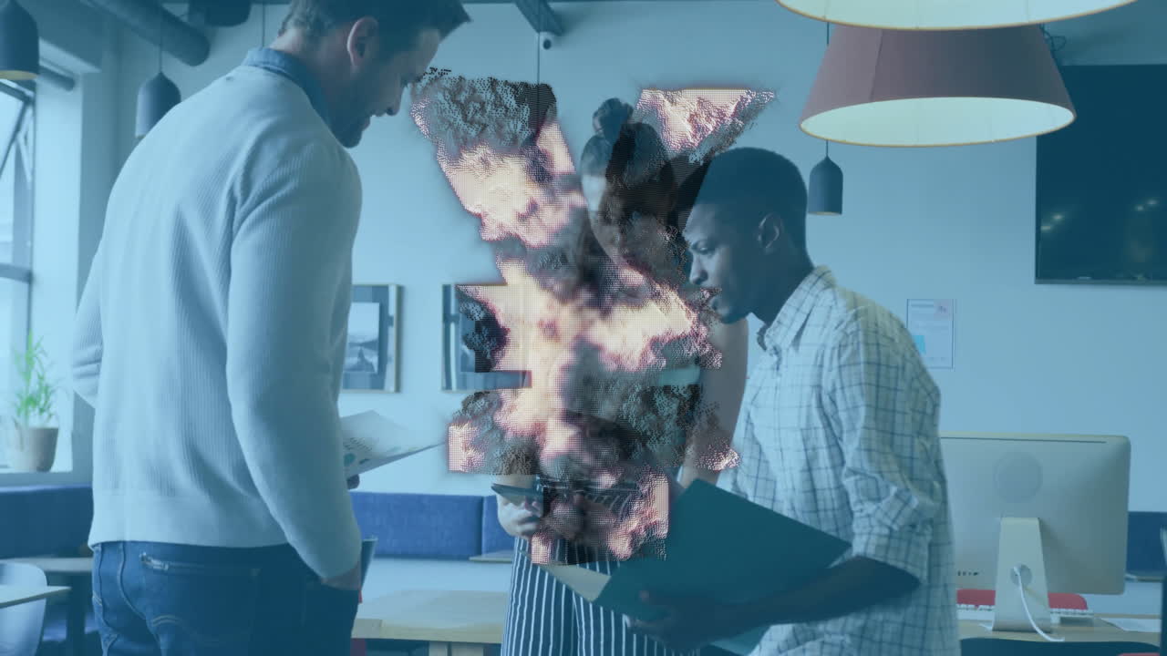 Abstract digital explosion animation over diverse colleagues discussing documents in office