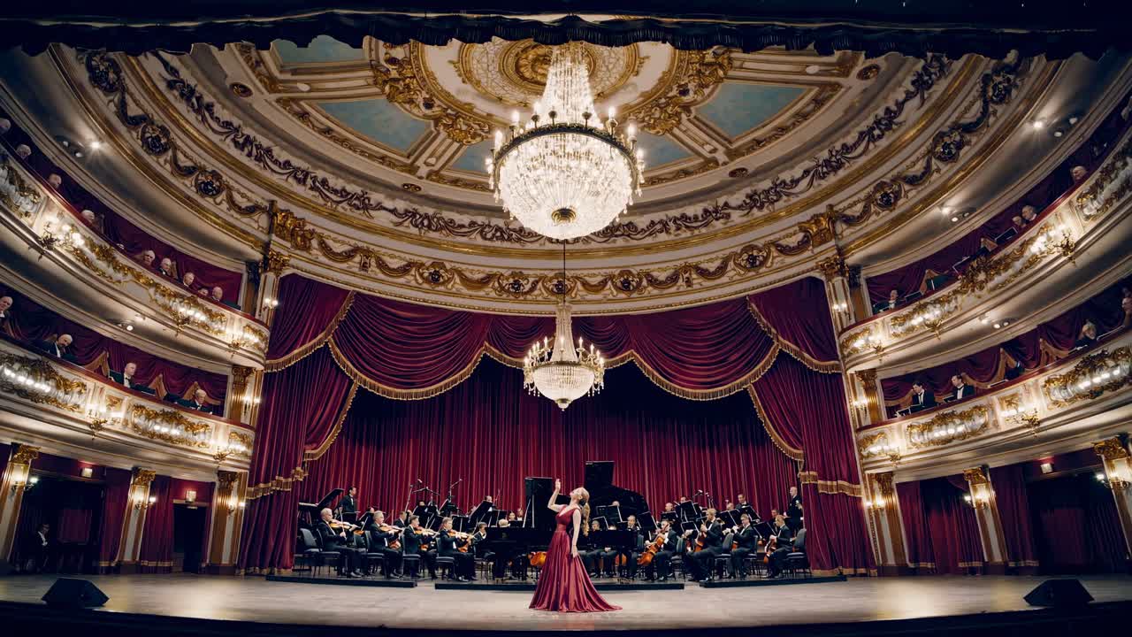 Weitwinkelvideo zeigt den Innenraum eines prächtigen Opernhauses mit einer Sängerin in einem roten Kleid und einem Orchester.