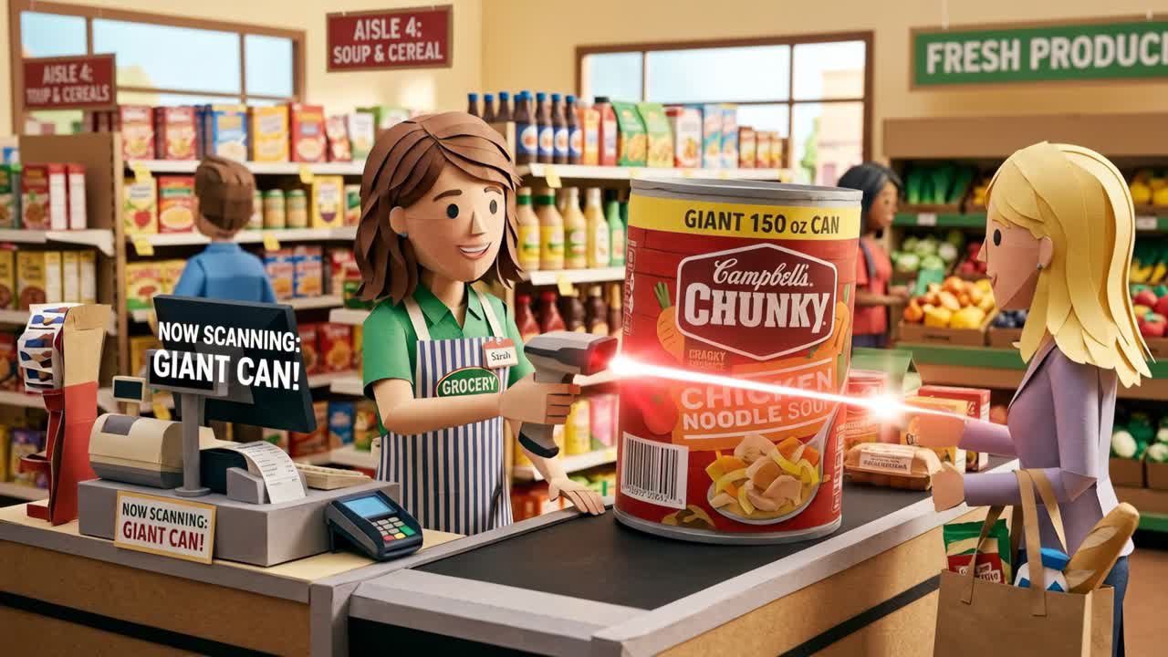Stop-motion animation af kassemedarbejder, der scanner en gigantisk suppedåse ved kassen i en dagligvarebutik