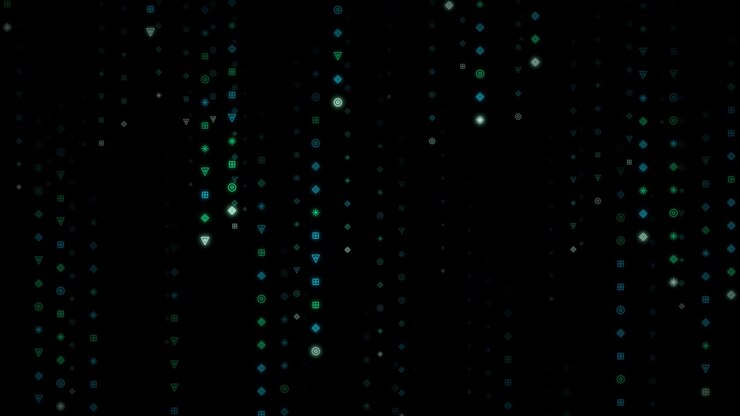 Digital Rain of Glowing Geometric Shapes on Black Background