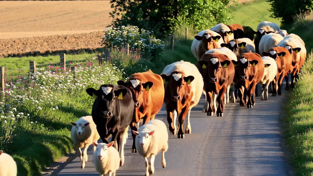 Herd of Cows and Sheep on a Country Road