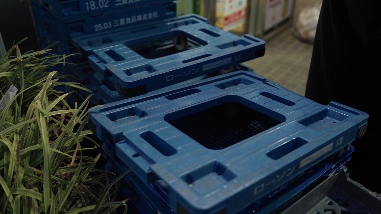 Blaue zusammenklappbare Plastikkisten, gestapelt neben grünen Pflanzen vor einem Geschäft in Japan.