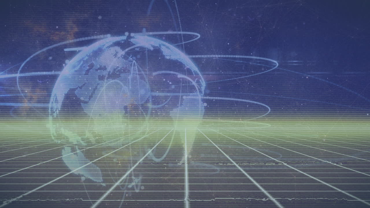 Animation of globe rotating over playground with grid pattern on digital interface