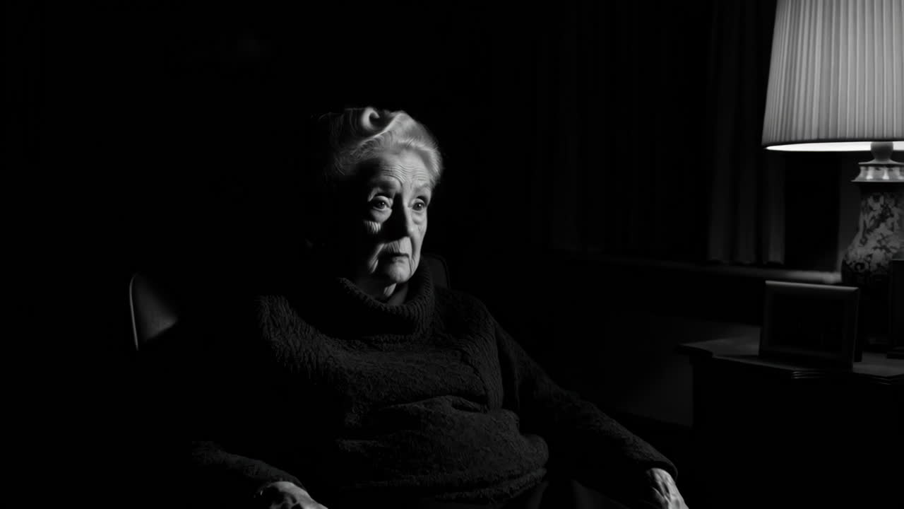 Donna anziana pensierosa seduta in una stanza buia con illuminazione drammatica