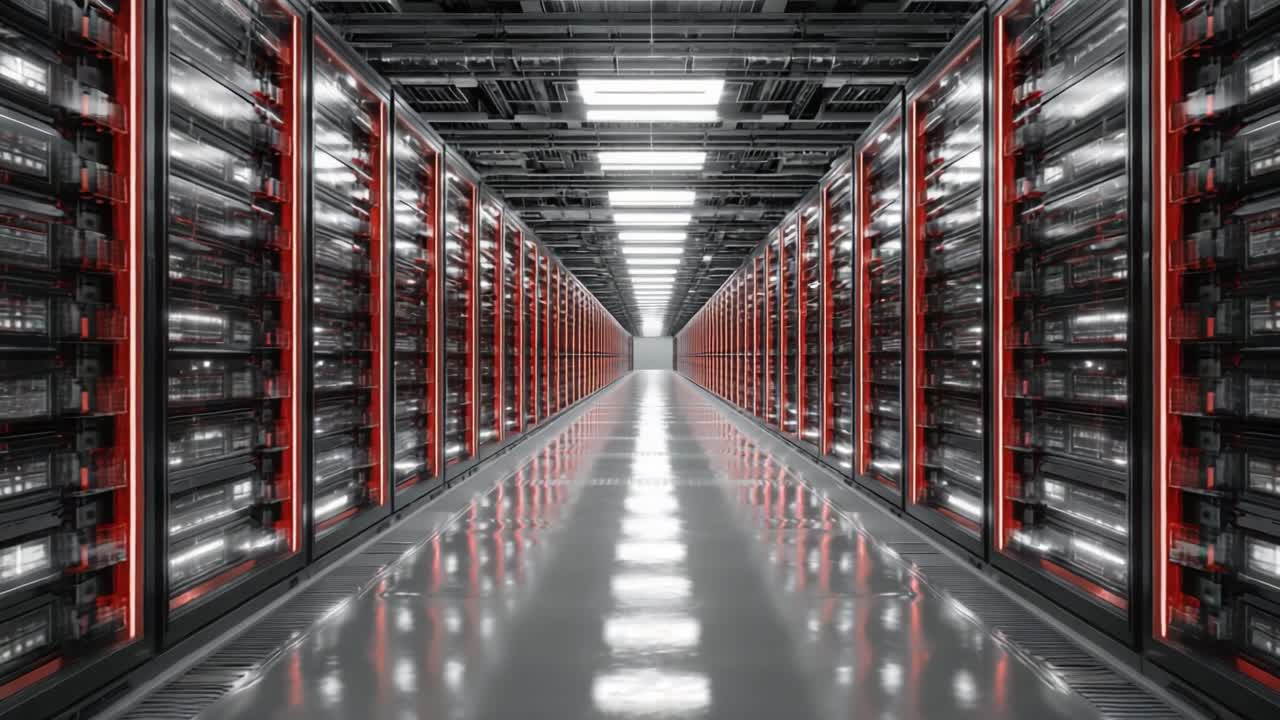 A Stunning Perspective Inside a Modern Data Center with Rows of Advanced Servers, Highlighting Cutting-Edge Technology and Efficient Design for High-Performance Computing