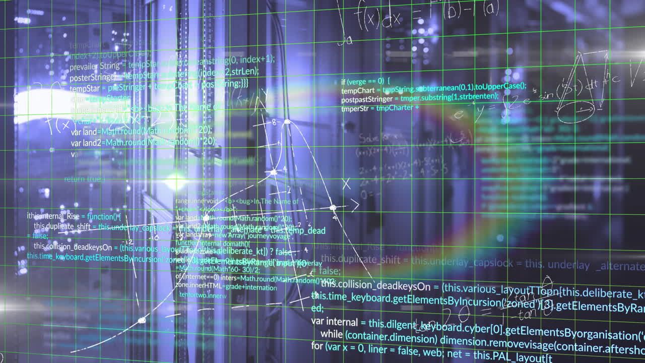 Animation of computer language and mathematical equations and diagrams over server room