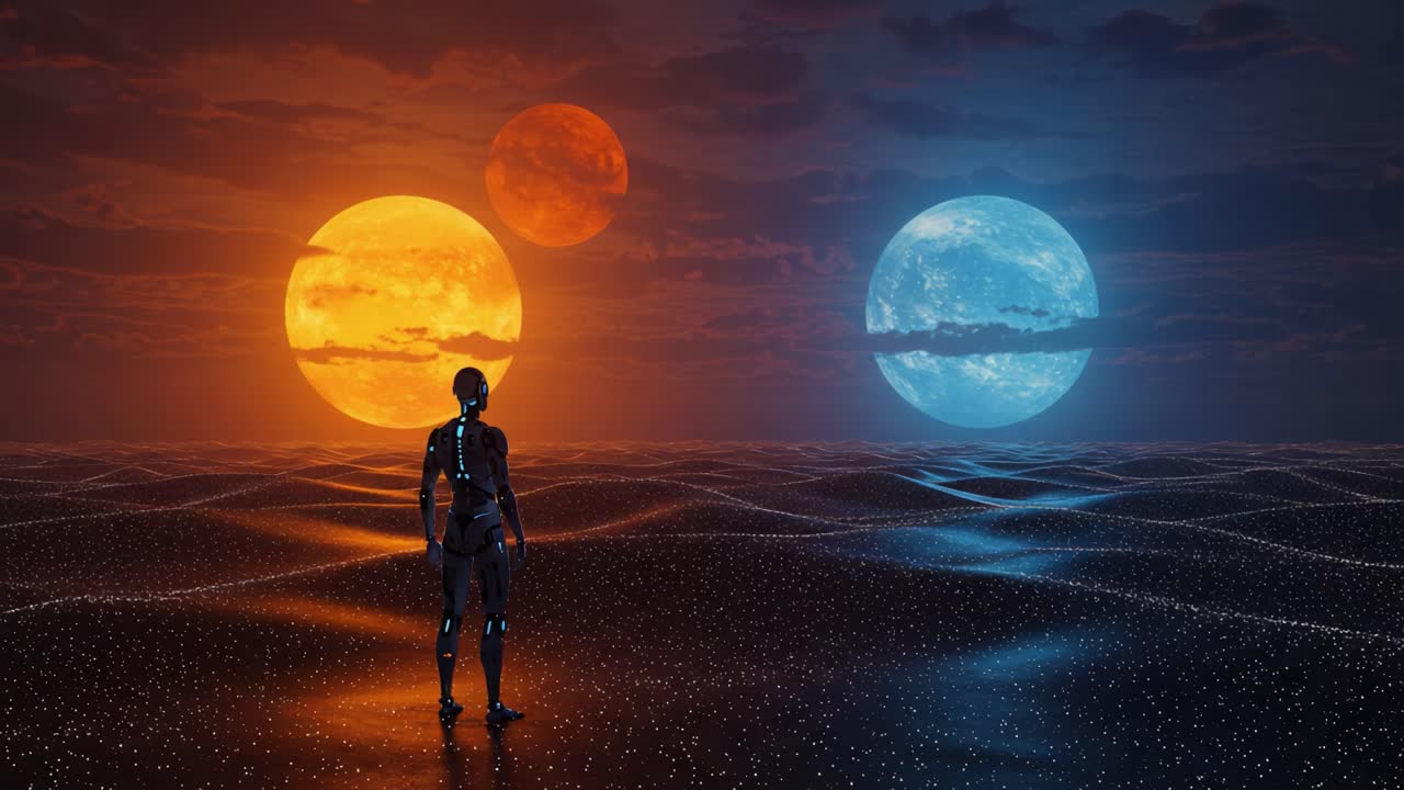 A Futuristic Robot Stands on an Alien Landscape, Gazing at Two Distant Stars in a Stunning Celestial Scene with Intricate Patterns and Vibrant Colors