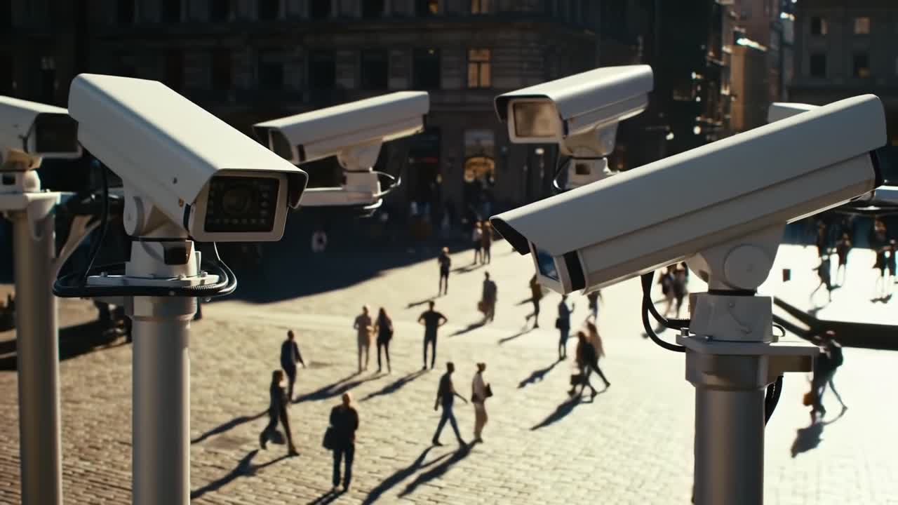 Surveillance Cameras Overlooking a Busy Urban Square: A Snapshot of Modern Security Technology and Public Spaces Intersecting as People Move About