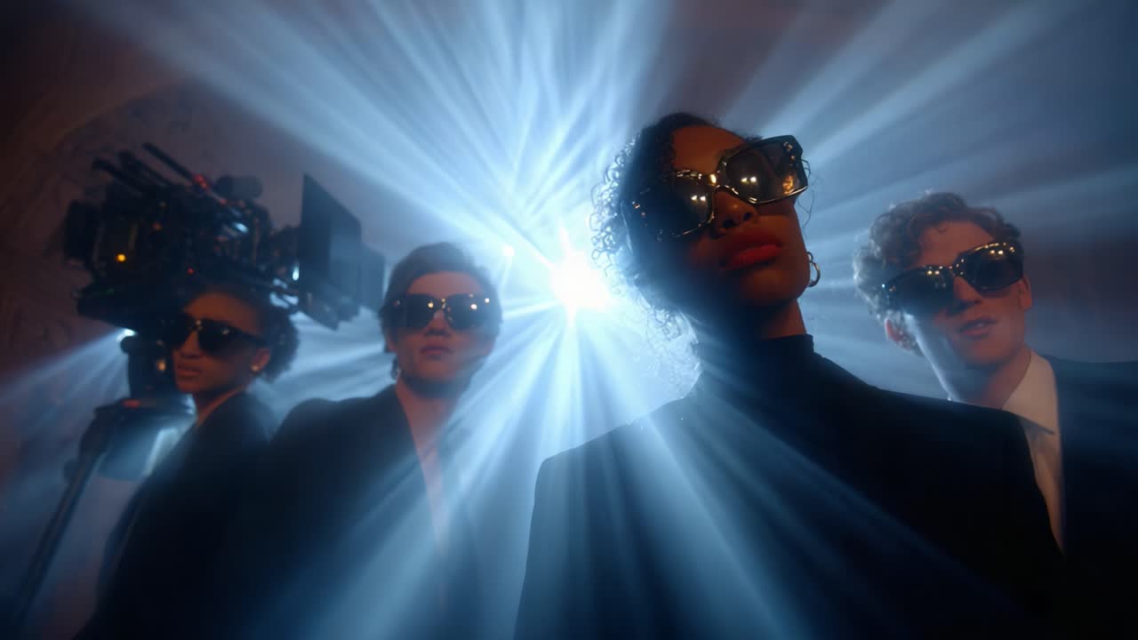 A Cinematic Scene Featuring Four Stylish Individuals in Dark Sunglasses, Standing Confidently Against a Backdrop of Dramatic Lighting and Camera Equipment, Capturing an Artistic Moment