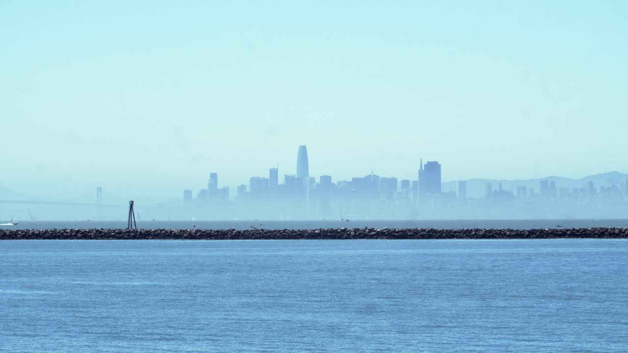 샌프란시스코 시내 스카이 라인 타임 스 베이 브리지와 빛 날의 세일 보트
