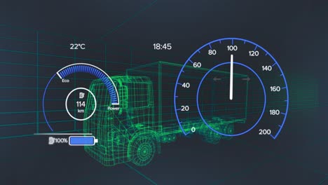 animation of speedometer over electric truck project on navy background