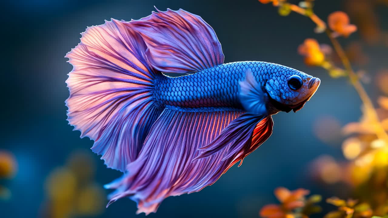 Vibrant betta fish swimming among plants. A colorful betta fish glides gracefully through aquatic plants during a calm moment in an aquarium